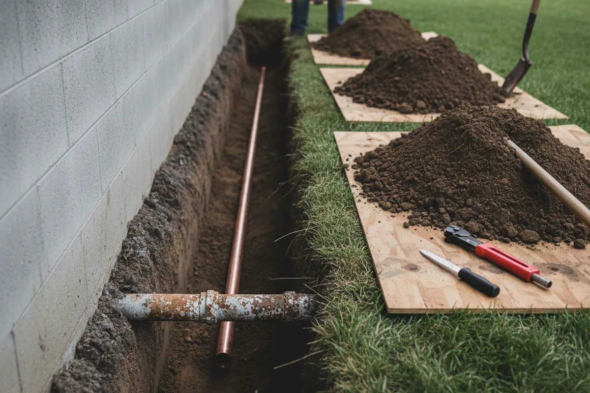 Excavated water line trench during Sewer Line Repair in Thompson Ridge
